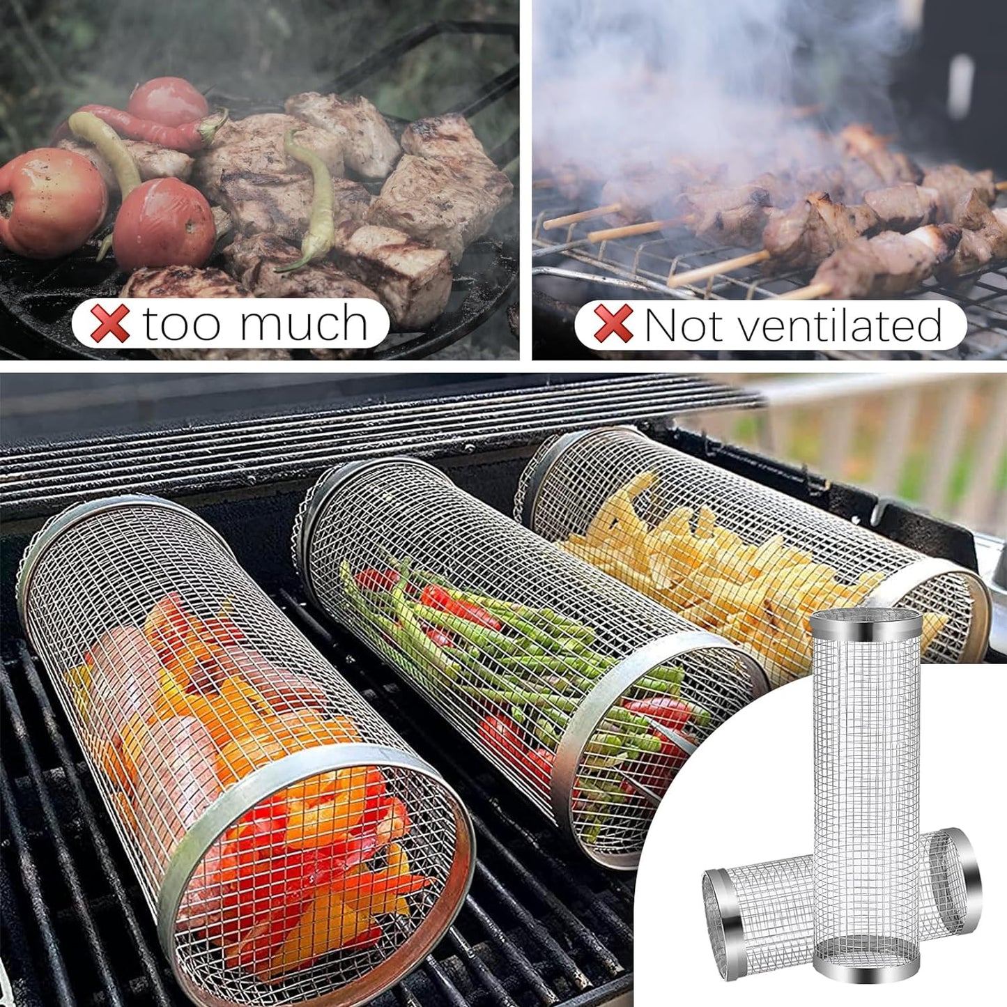 Versatile and Durable Stainless Steel Rolling Grill Basket for Fish, Meat, and Vegetables - Perfect for BBQ Lovers and Outdoor Cooking Enthusiasts