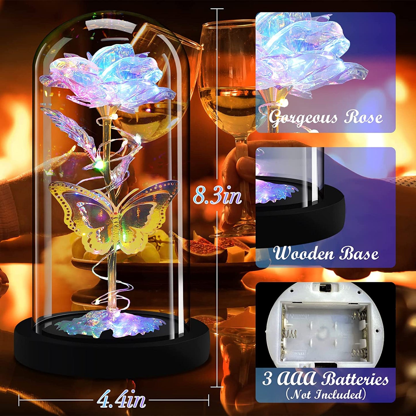 7.9" Decorative Glass Covered Light-Up Eternal Glass Rose w/ Gold Foil Butterfly