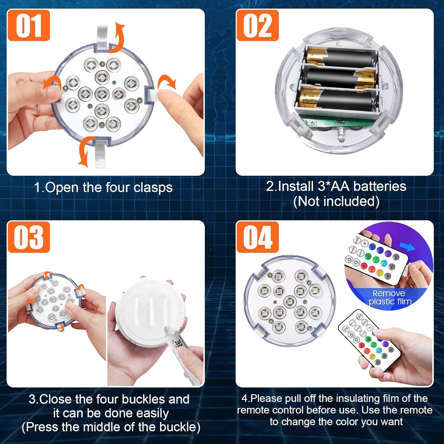 4" Submersible LED Pool Lights with Remote, 16 Colors, IP68 Waterproof - Ideal for Ponds and Fountains