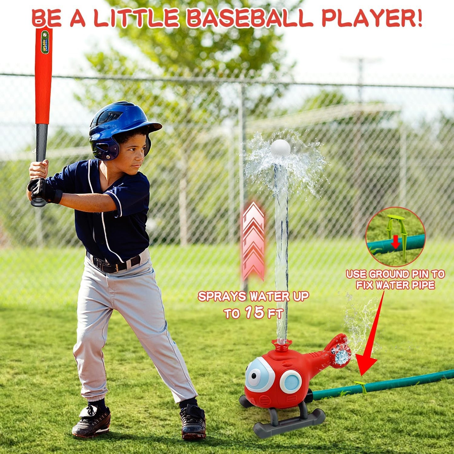 Water Spray Sprinklers & T-Ball Set for Kids - Backyard Spinning Airplane Sprinkler, Sprays Up to 8 Feet High