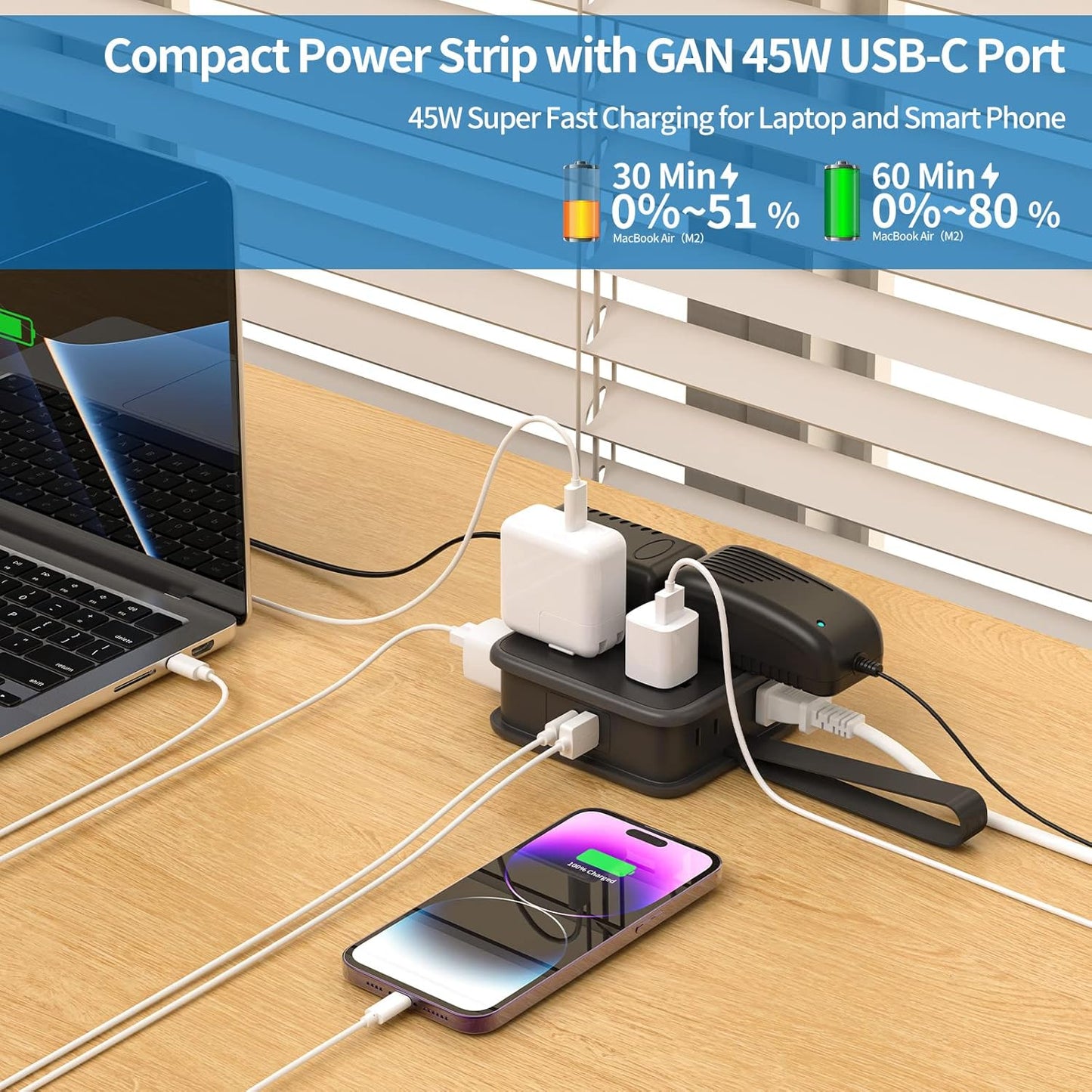 Maximize Your Charging with 4 3-Prong & 4 2-Prong Outlets, GaN 45W USB-C, USB-A Ports Power Strip for Efficient Device Management