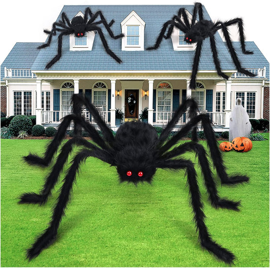 Set of 3 Giant Spiders for Halloween Decor - Indoor/Outdoor Use - 35", 49", and 59"