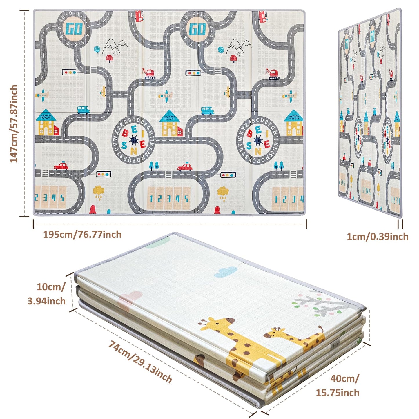 Baby Play Mat 79 x 59 in (200 x 150 cm), Foldable Waterproof XPE Foam Crawling Mat for Babies & Toddlers, Reversible Non-Toxic Tummy Time Play Area