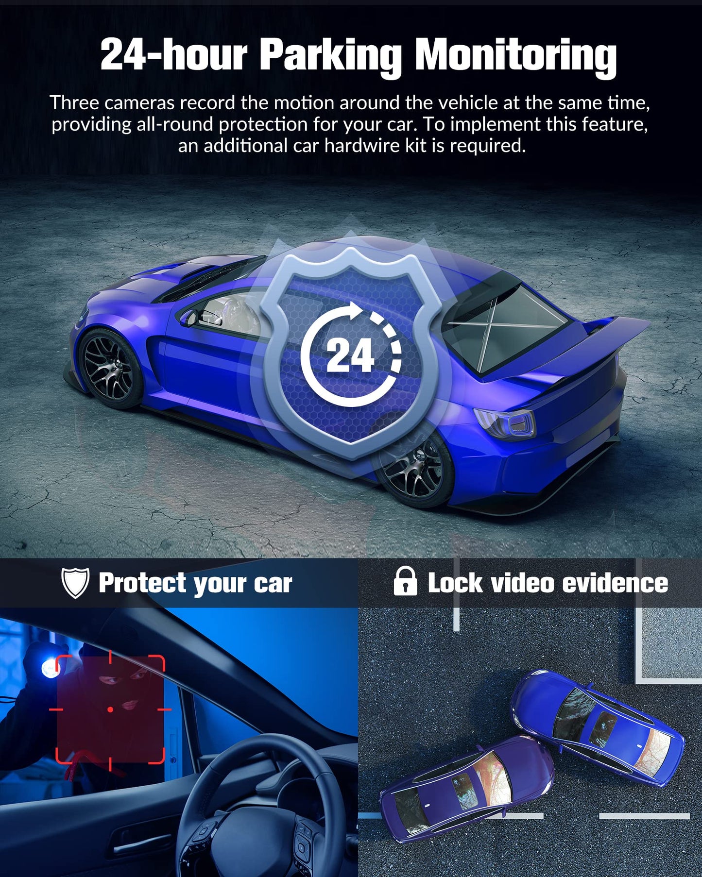 4K Full UHD 3-Channel Dash Camera for Cars, Front Rear Interior Recording, 32GB Card, Super Night Vision, 2.0 in IPS Screen, 170° Wide Angle