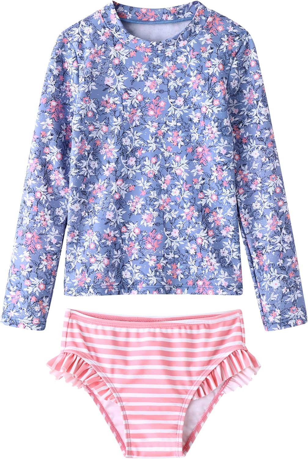 Toddler Girls 2-Piece Long Sleeve Rashguard Swimsuit Set, Light Purple & Pink Floral/Stripe - Size 3T