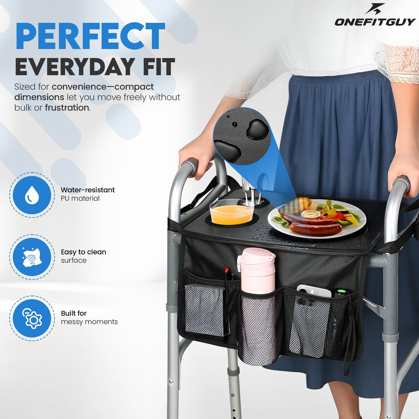 Walker Tray with Cup Holder and Storage Pouch for Folding Walkers - Black