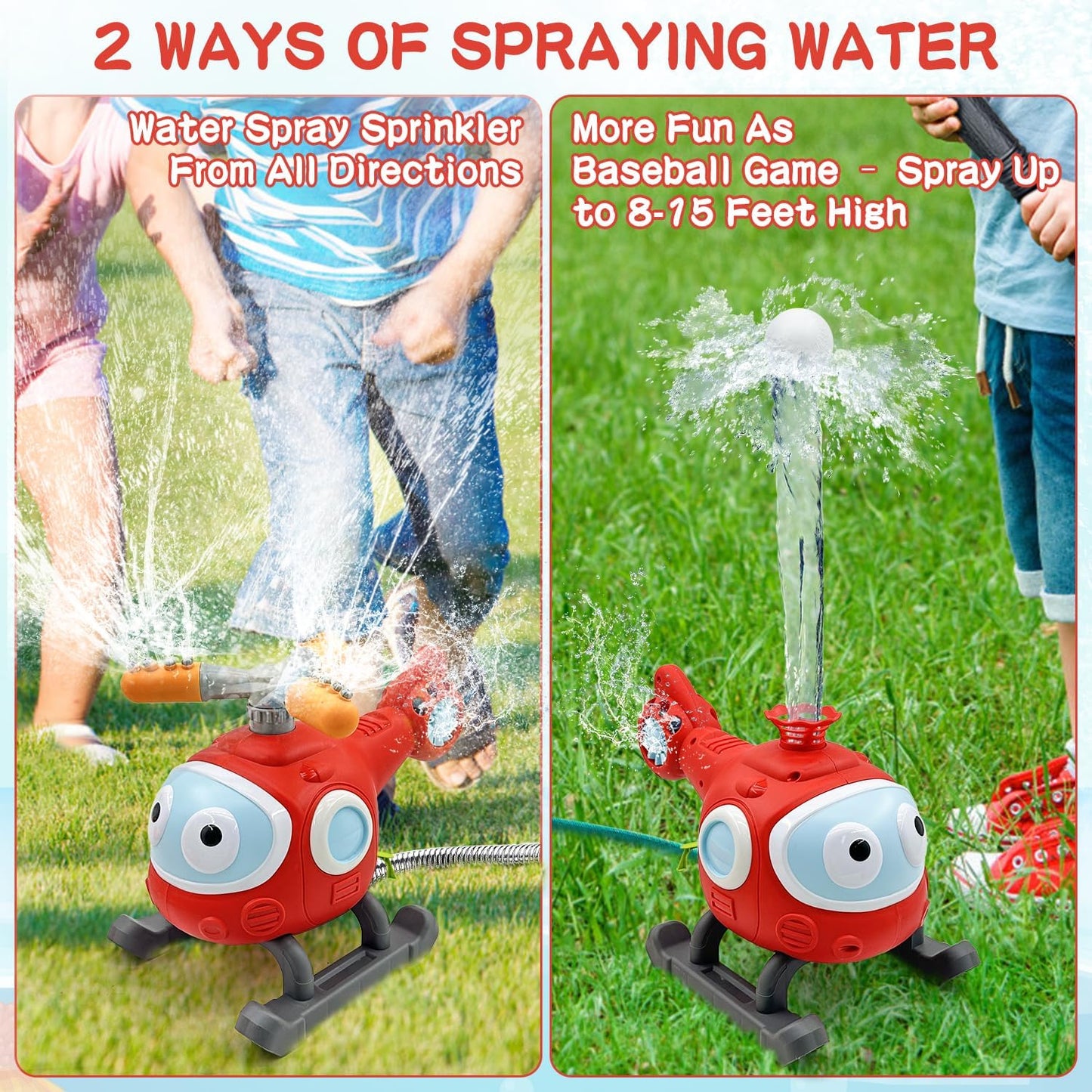 Water Spray Sprinklers & T-Ball Set for Kids - Backyard Spinning Airplane Sprinkler, Sprays Up to 8 Feet High