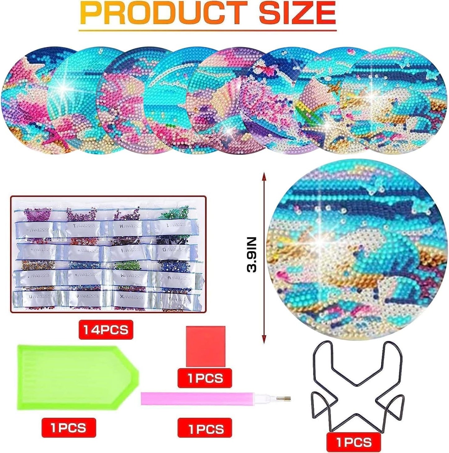 8pk Beach Shell Landscape Diamond Painting Coasters Beginners Kit w/ Holder