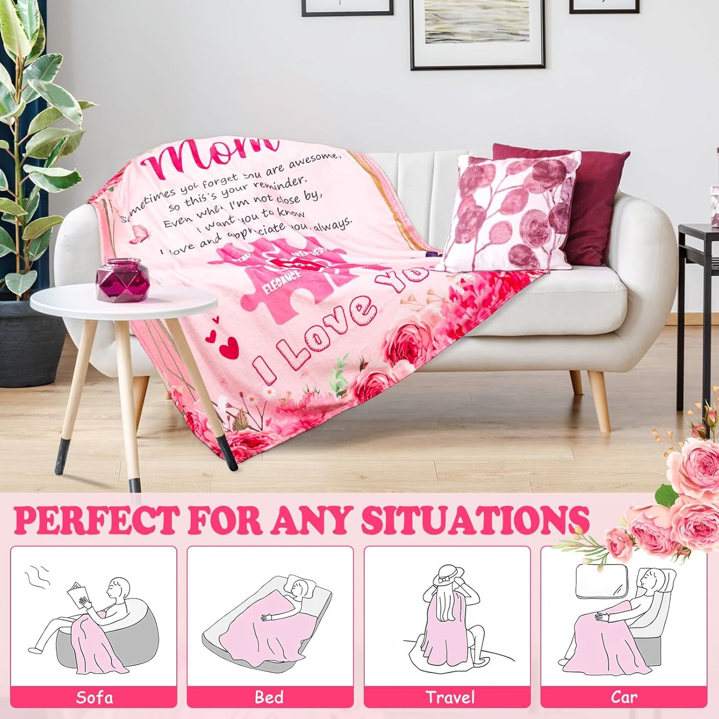 Soft Flannel Pink Blanket for Mom, Ideal Birthday and Christmas Gift, 60" x 80"
