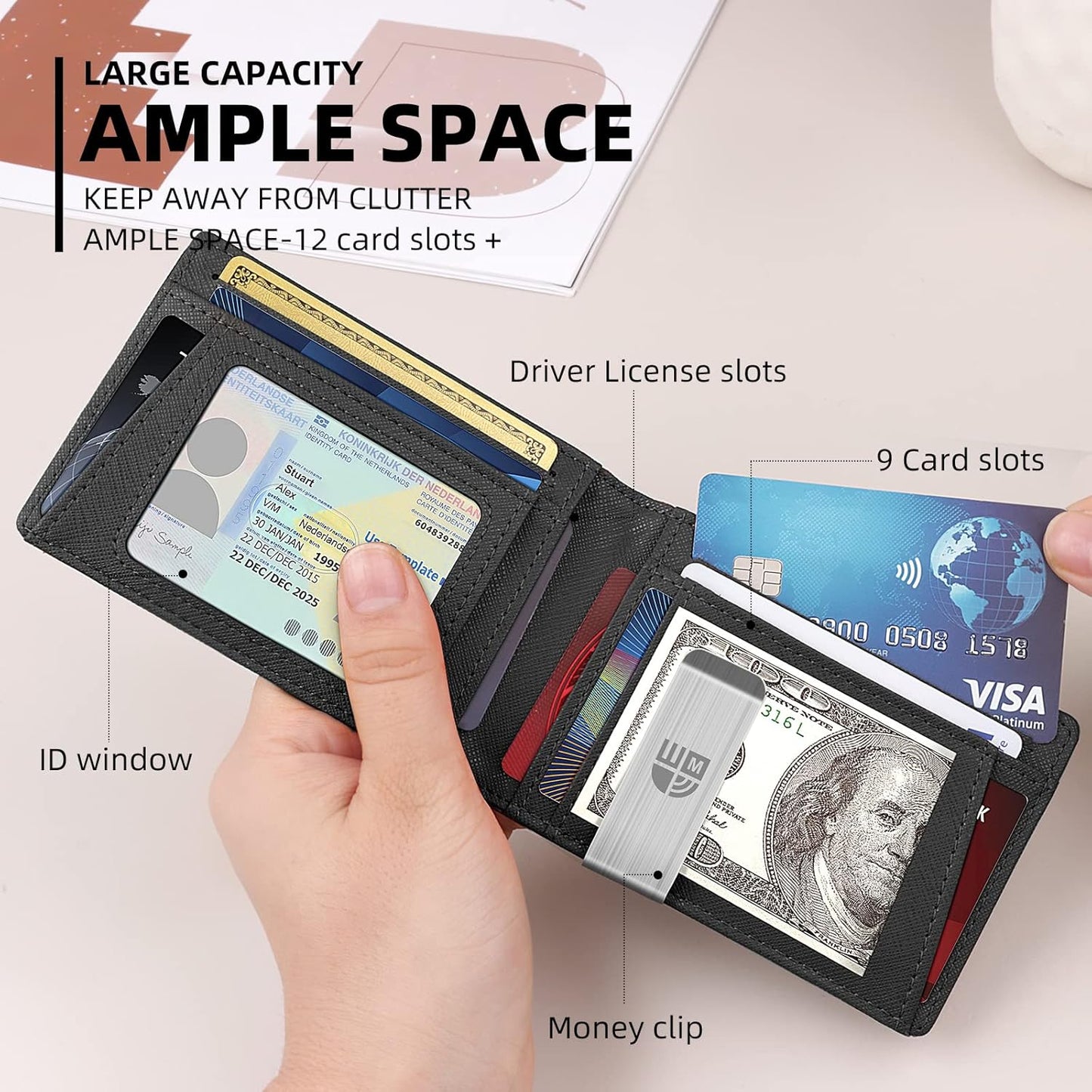 Men's Slim Bifold Leather Wallet with RFID Blocking, 12 Card Slots & Money Clip - Ideal Gift for Special Occasions