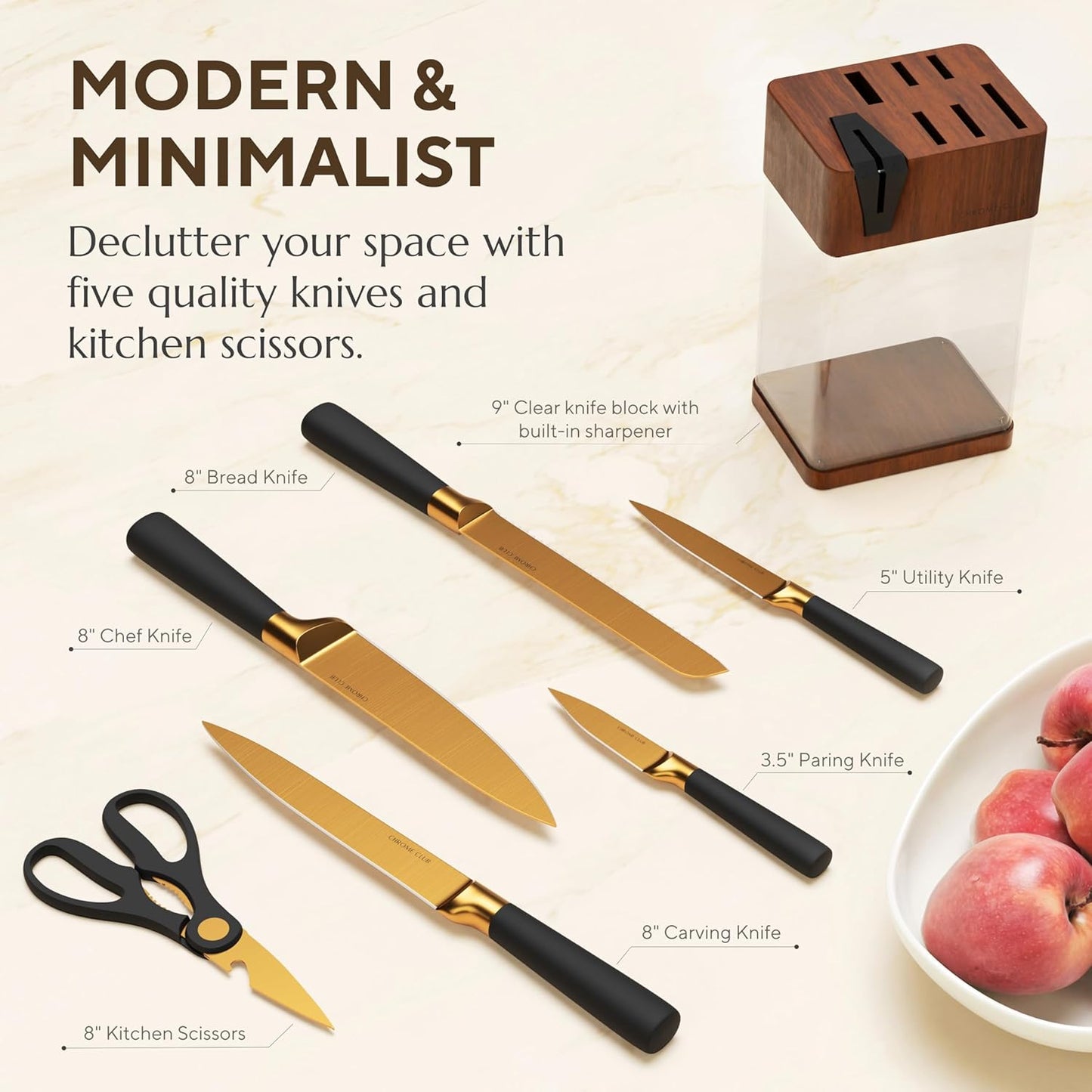 Black and Gold 7-Piece Knife Set with Clear Display Block and Sharpener