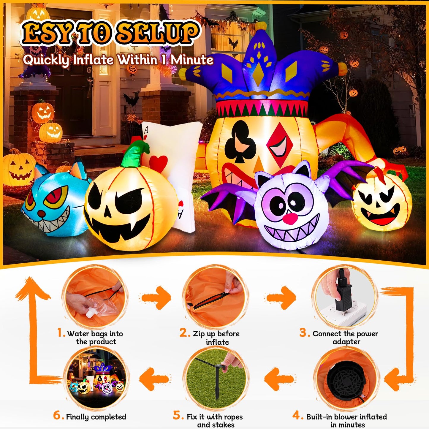 Halloween Inflatable Joker Pumpkin Owl and Black Cat with LEDs - 5.3 FT