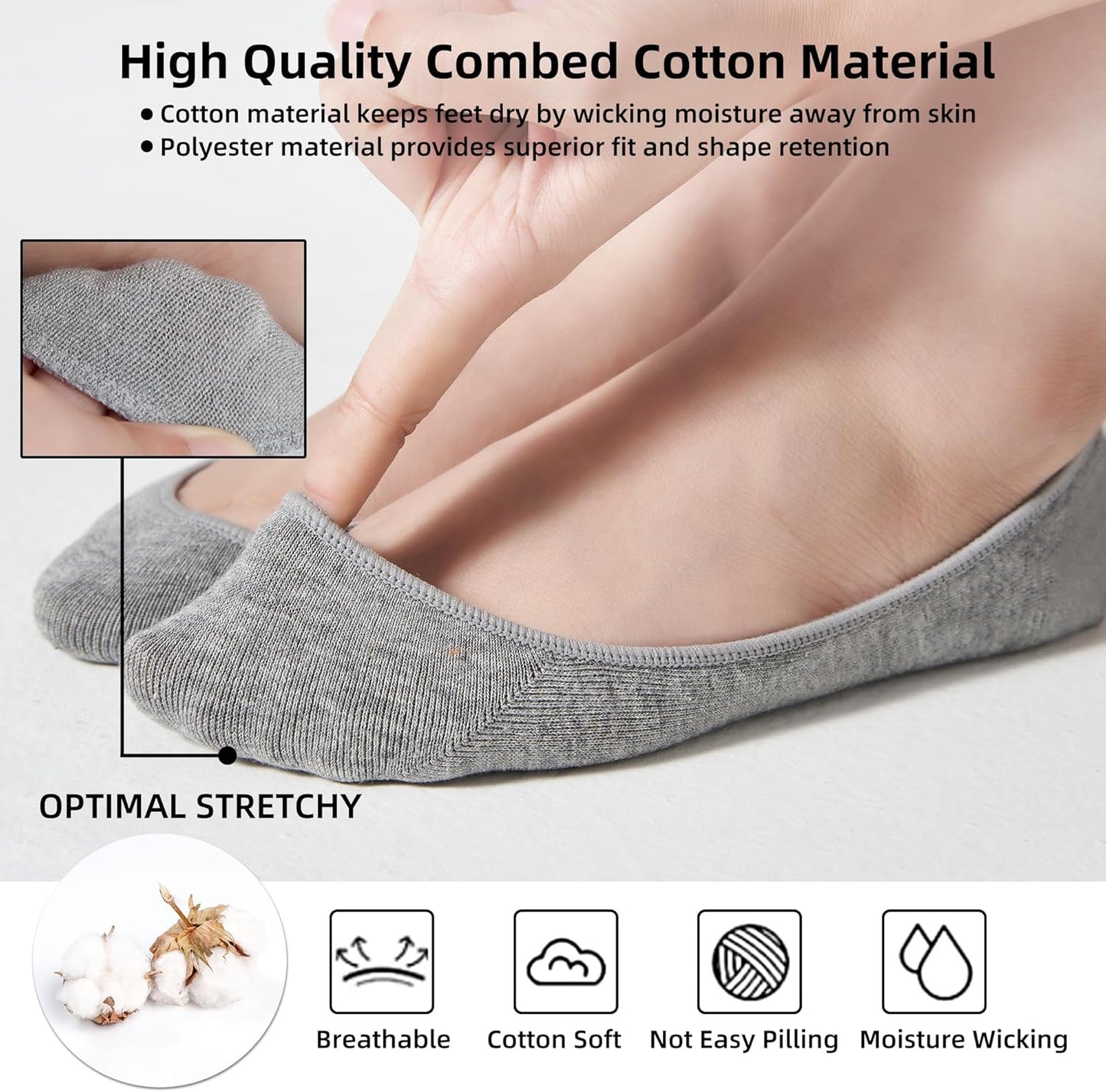 8 Pairs Women's No Show Socks - Ultra Low Cut, Non-Slip Silicone Grip, Invisible Liner for Flats and Boat Shoes, US Sizes 9-11, Gray
