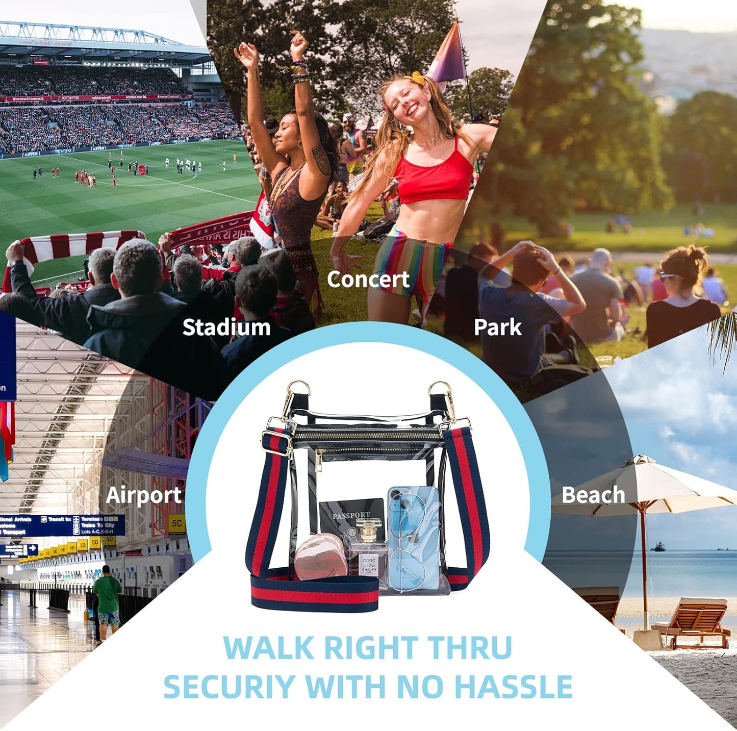 Stadium Approved Clear Crossbody Bag with Adjustable Colorful Strap for Concerts, Festivals, and Sports Events