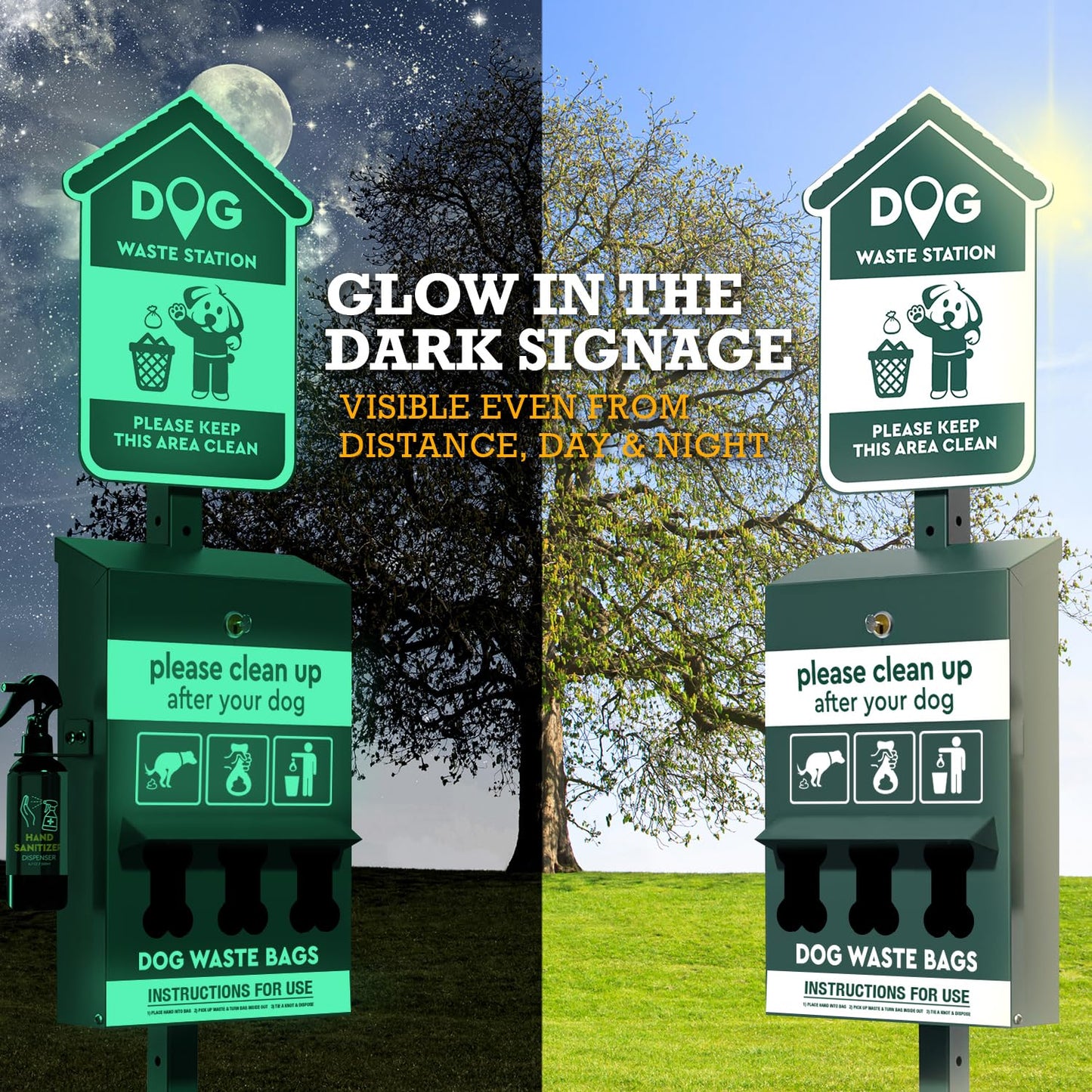 Outdoor Dog Waste Station with Hand Sanitizer, Bag Dispenser, Covered Bin, Sign, 600 Roll Bags, 50 Can Liners for Parks, Yards & HOAs