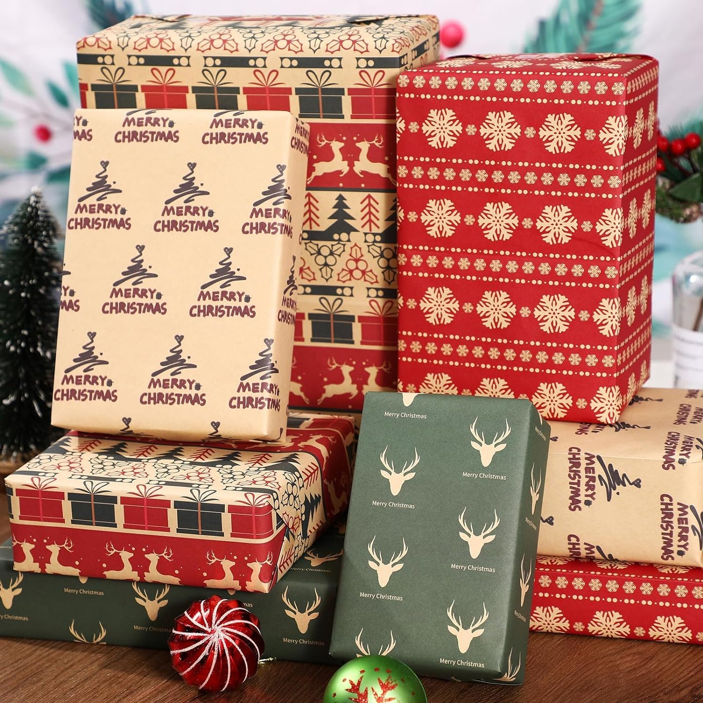 Premium Christmas Wrapping Paper Set - 12 Sheets of Kraft Paper with Festive Red & Green Designs, 20x29" Each for Holiday Gifts