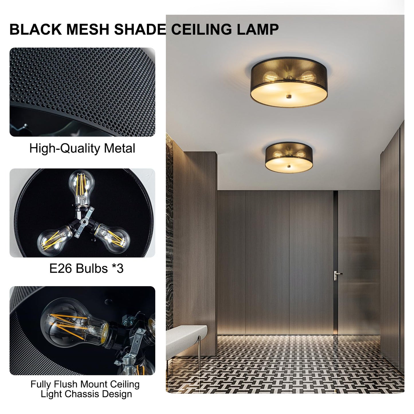 3-Light Industrial Flush Mount Ceiling Light, 12 in Metal Mesh Cage Drum Ceiling Lamp, Black E26 Dimmable Fixture for Kitchen Hallway Bedroom