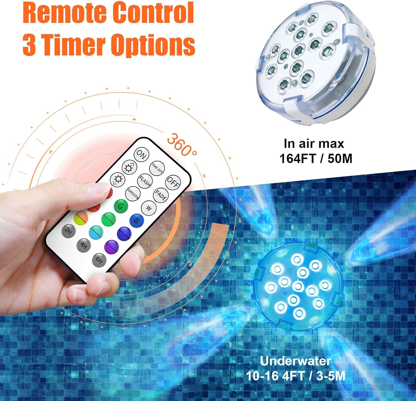4" Submersible LED Pool Lights with Remote, 16 Colors, IP68 Waterproof - Ideal for Ponds and Fountains