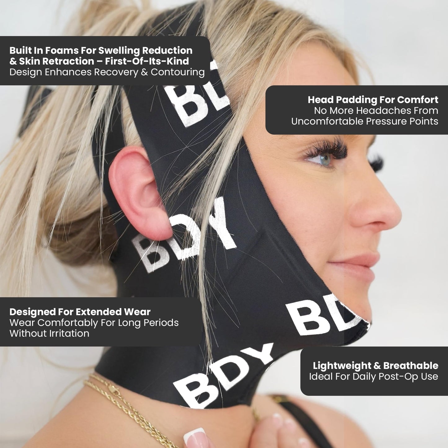 Black Post Surgical Chin Strap Compression Bandage for Neck and Chin, L/XL