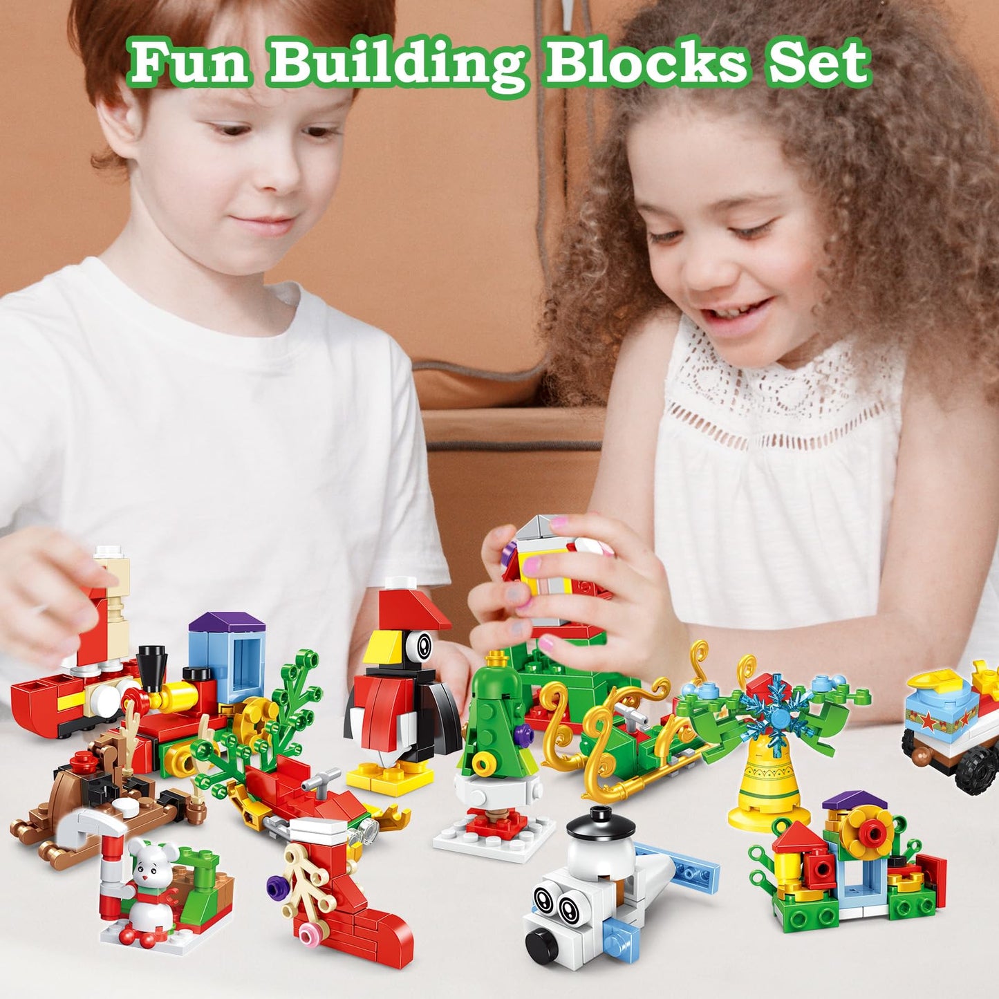 Building Block Advent Calendar for Kids, 24-Day Christmas Countdown with 24 Mini Builds, Combine into Larger Creations, Santa Train Elk Pieces, Ages 6+