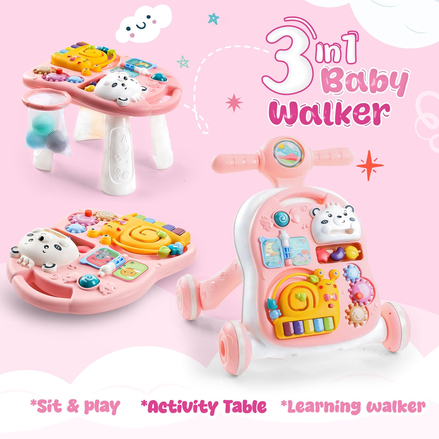 3-in-1 Baby Walker Push Toy for 6-12 Months, Sit-to-Stand Walker with Wheels, Detachable Play Panel, Stable Handle, Early Learning Activity, Pink