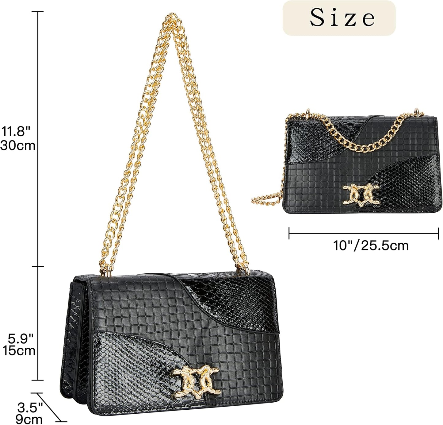 Elegant Black Snake Print PU Leather Crossbody Bag with Gold Chain Strap