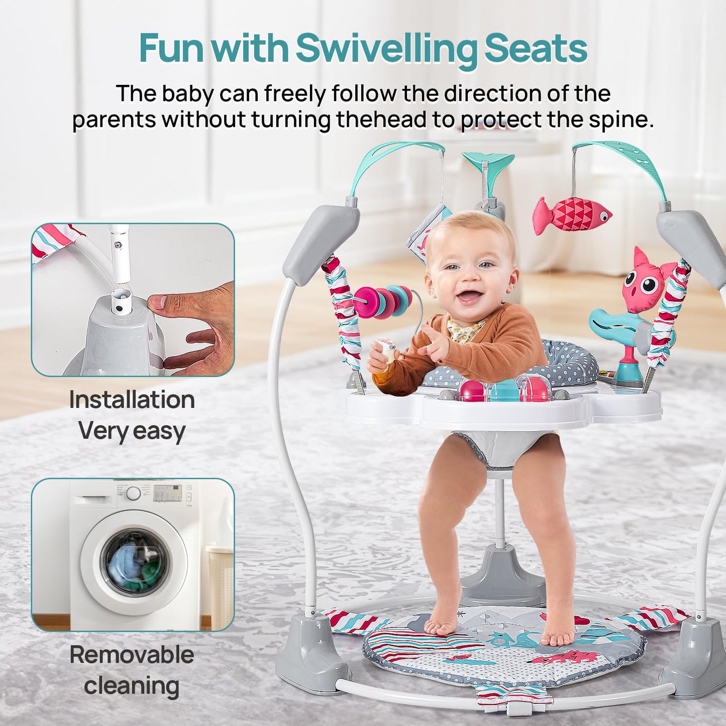 Portable Baby Activity Center Play Center for 7-18 Months with 360° Rotating Seat, 3 Height Settings, Interactive Developmental Toys