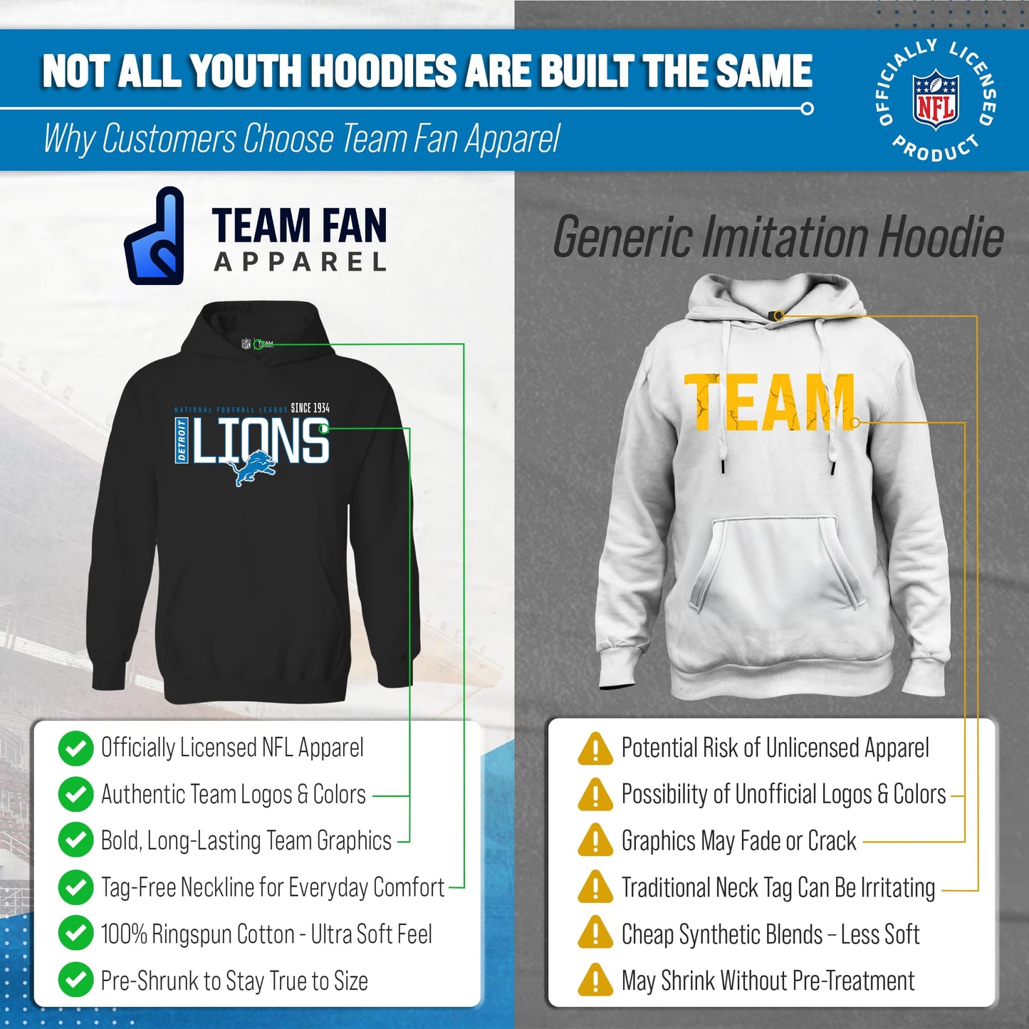 Detroit Lions Youth NFL Modern Endzone Football Fleece Hooded Pullover - Black, Size X-Large