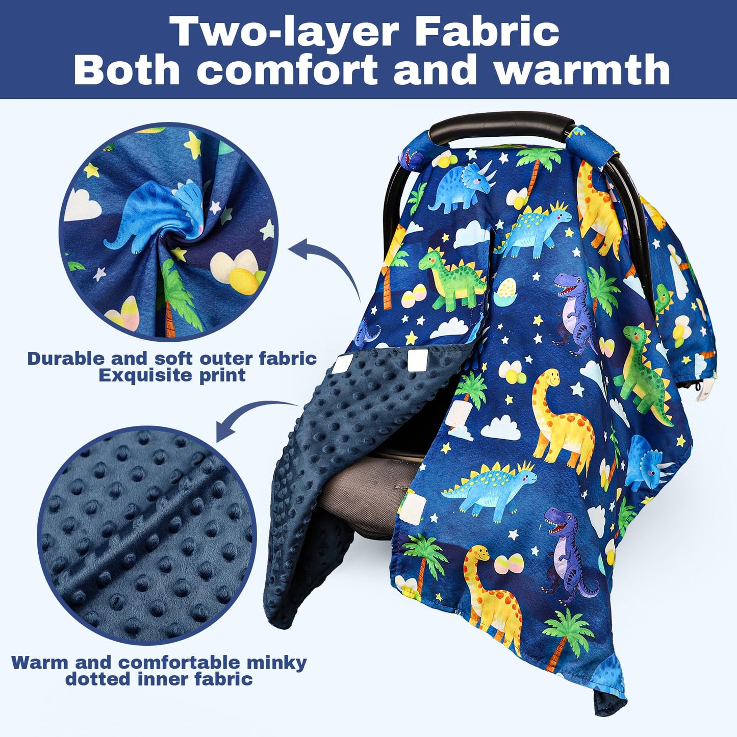 Dinosaur Baby Car Seat Cover with Peekaboo Opening - Warm Minky Canopy for Infants