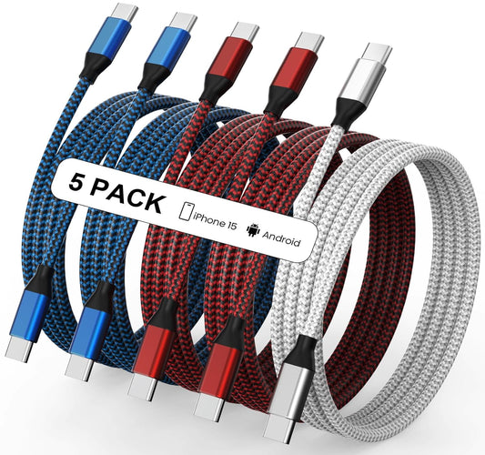 5-Pack 60W USB C to USB C Fast Charging Cables, Nylon Braided, Supports 3A Charging & 480Mb/s Sync for Apple, Samsung, MacBook & More