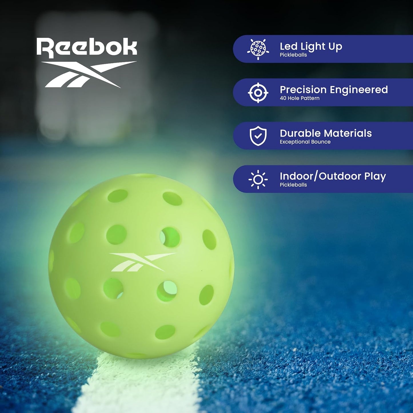 Reebok LED Pickleball Set with Fiberglass Paddles & Light-Up Balls - Ideal for Night Play