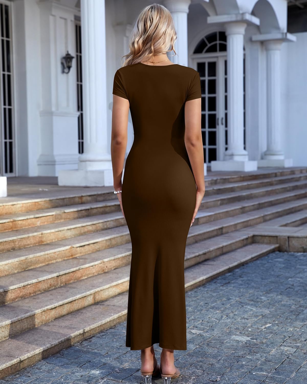 Coffee XS Elegant Square Neck Maxi Dress for Special Occasions