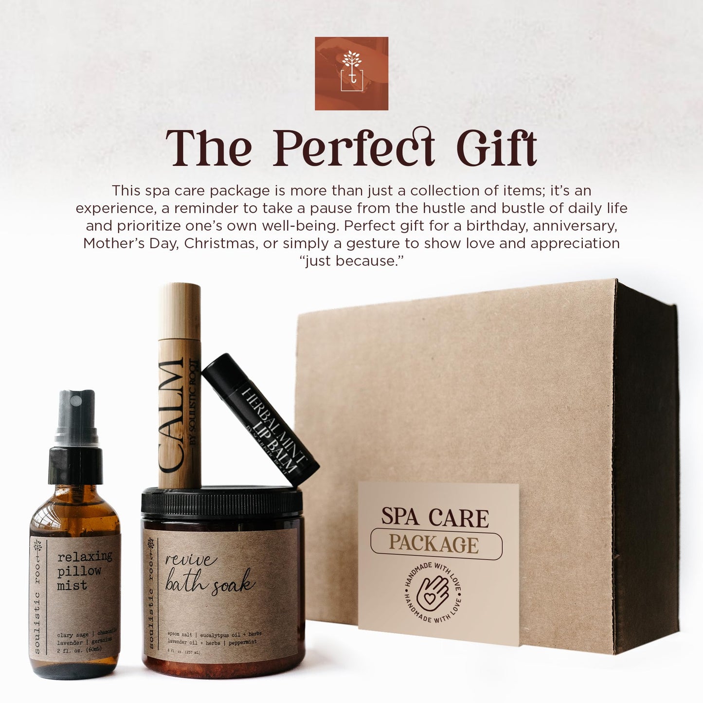 Spa Kit for Women Self Care Gift Set, Lavender Pillow Spray, Calm Essential Oil Roller 0.34 fl oz (10 ml), Mint Lip Balm & Epsom Salt Bath Soak