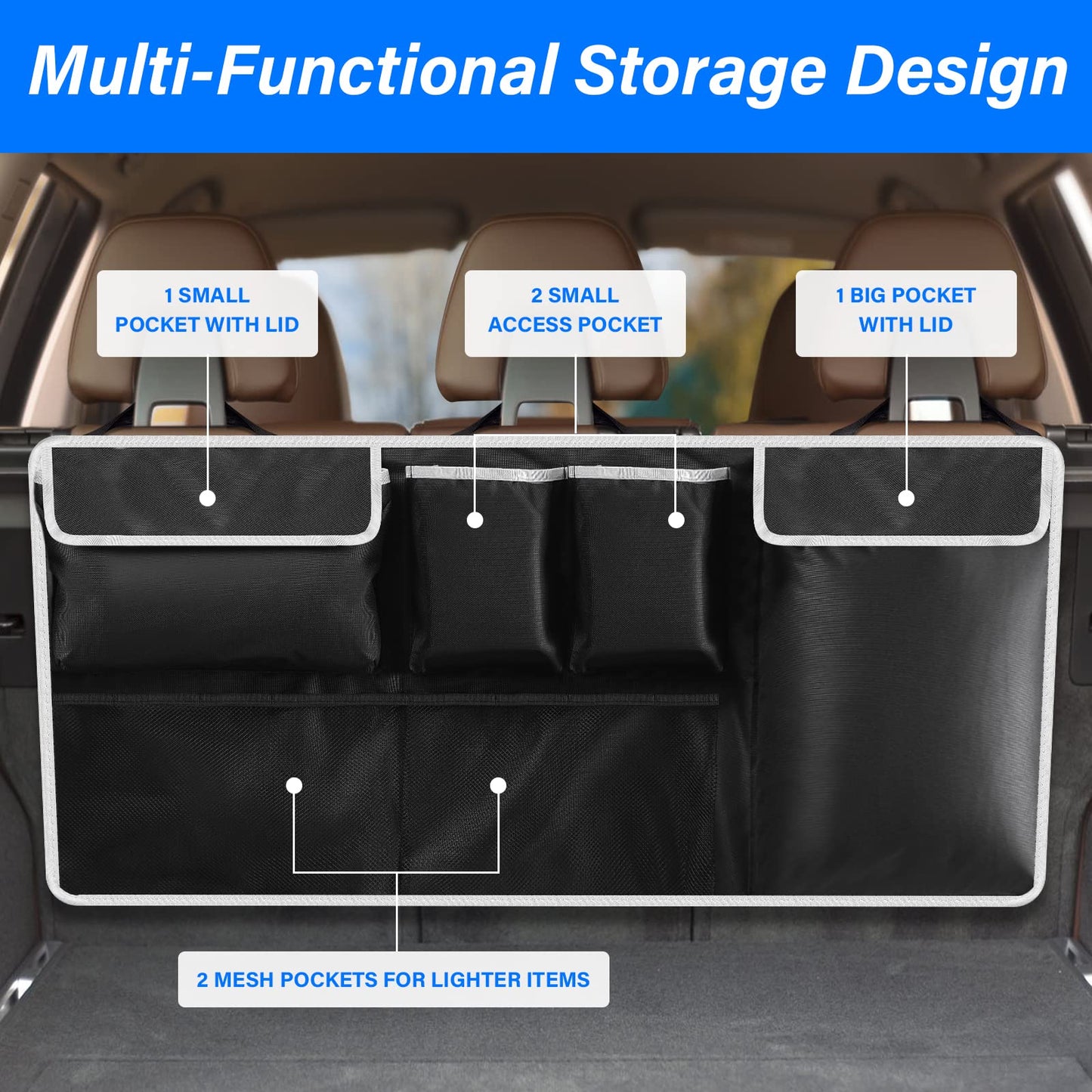 Hanging Car Trunk Organizer for SUV and Truck, 6 Pockets and 2 Hooks, Waterproof 600D Oxford Fabric