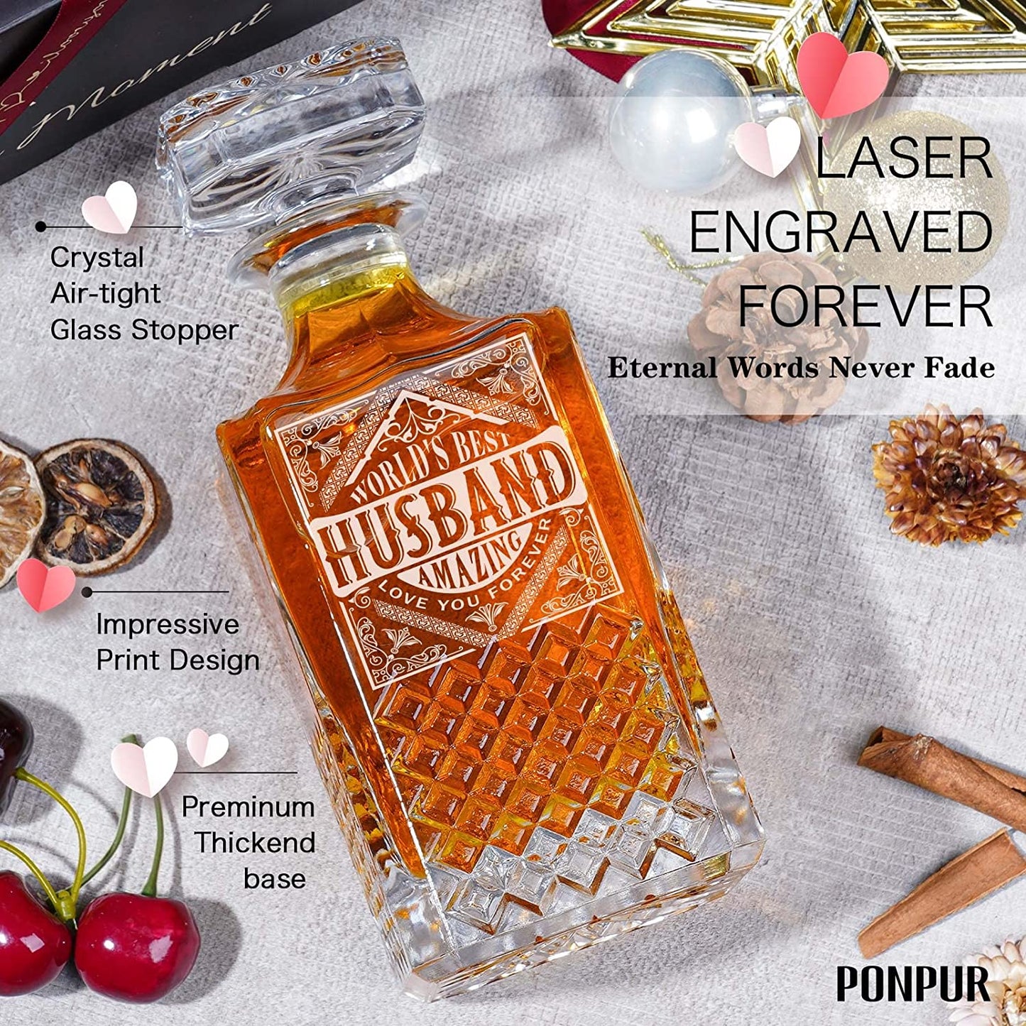 "World's Best Husband" 26oz Crystal Whiskey Decanter Set w/ 2 Whiskey Glasses