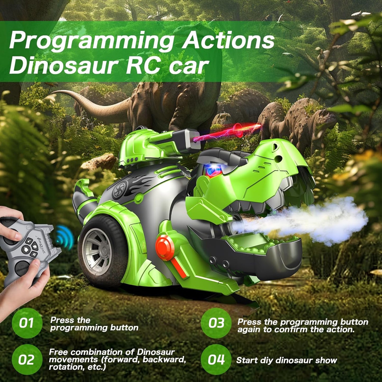 Green Dinosaur Remote Control Car with Programmable Actions & Rechargeable Battery for Kids
