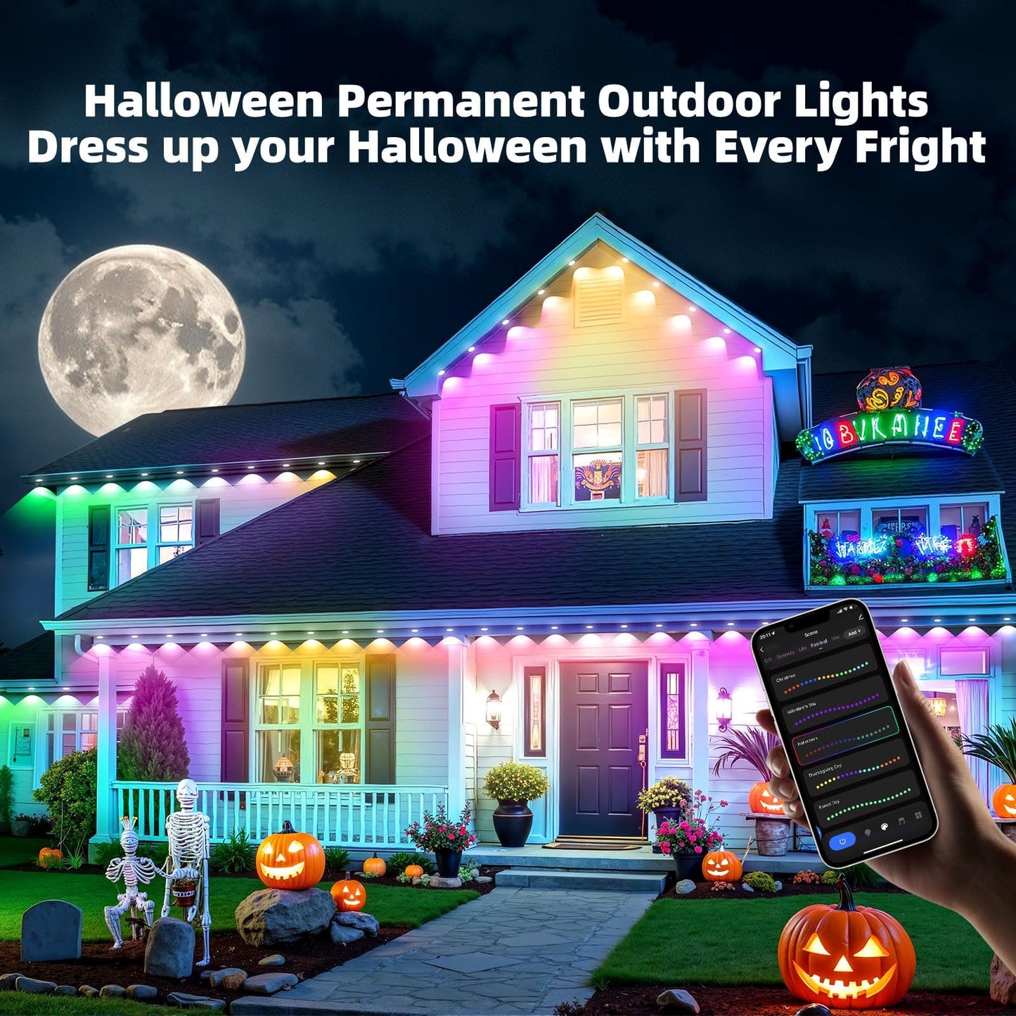 150ft Permanent Outdoor Lights with 72 RGB+IC Smart LED Eave Lighting, IP67 Waterproof, Works with Alexa and Google Assistant