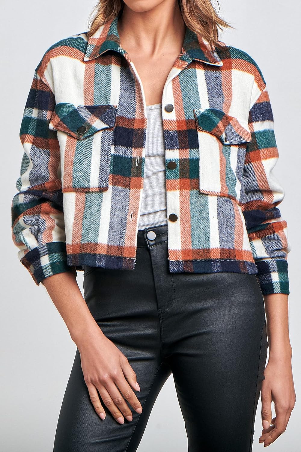 Medium Dark Green Cropped Plaid Shacket for Women - Button Down, Casual Fall Jacket