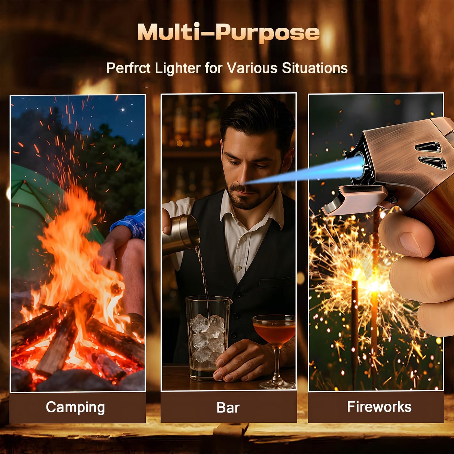 5-in-1 Refillable Butane Torch Lighter with Built-in Cutter, Punch, Holder, and Draw Enhancer - Windproof Jet Flame