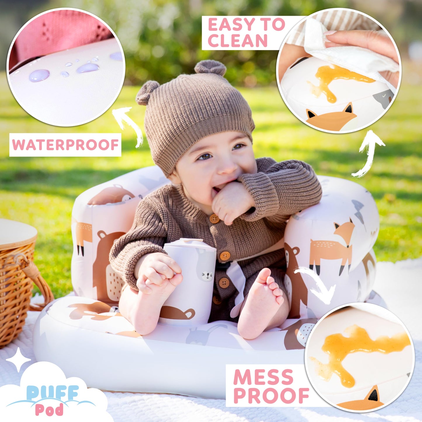 Inflatable Baby Chair with Safety Harness, Built-In Pump & Non-Slip Base, Infant Sit Up Seat for 3-36 Months, Portable Travel Seat, Easy to Clean