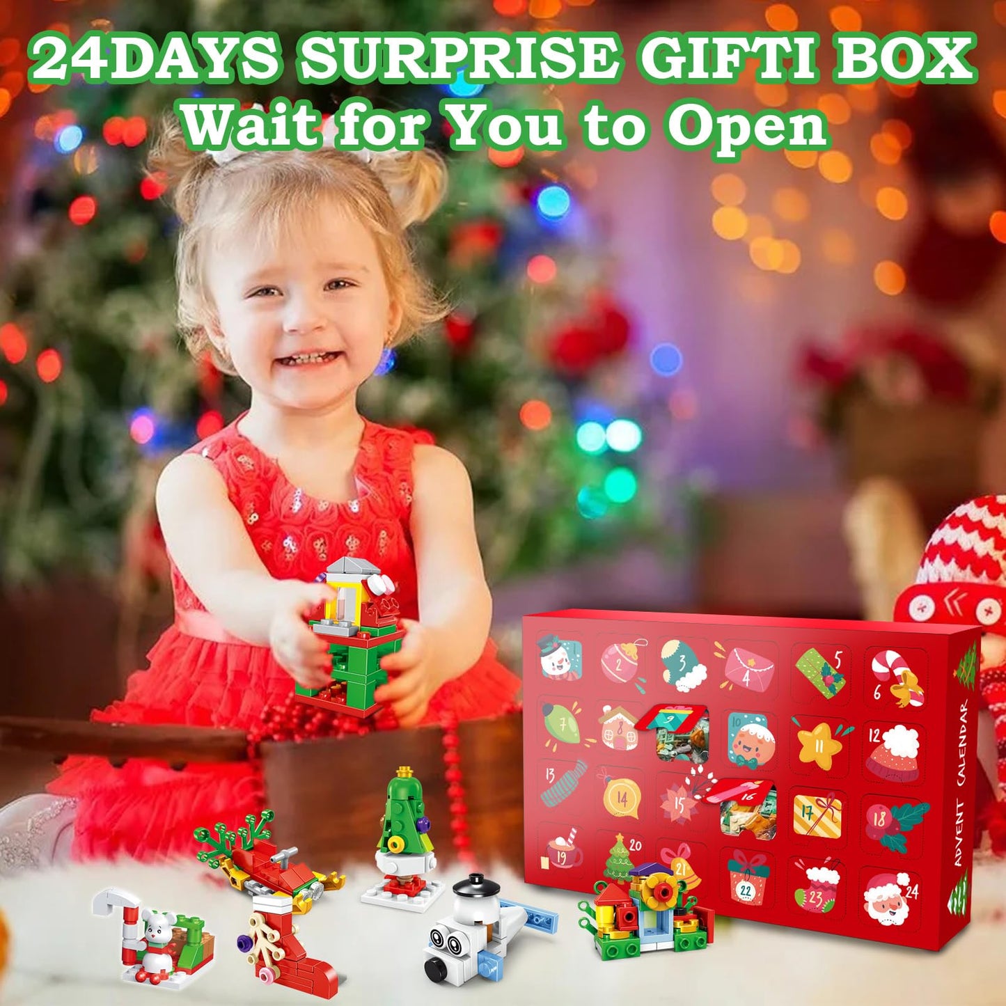Building Block Advent Calendar for Kids, 24-Day Christmas Countdown with 24 Mini Builds, Combine into Larger Creations, Santa Train Elk Pieces, Ages 6+