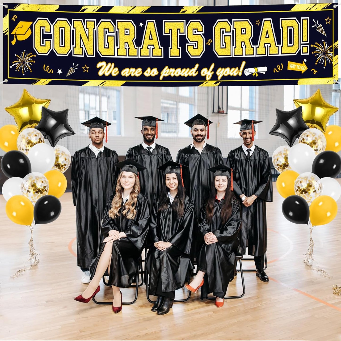 Graduation Yard Sign, Banner, & Balloons Set: Black and Gold Theme, 45 Pieces