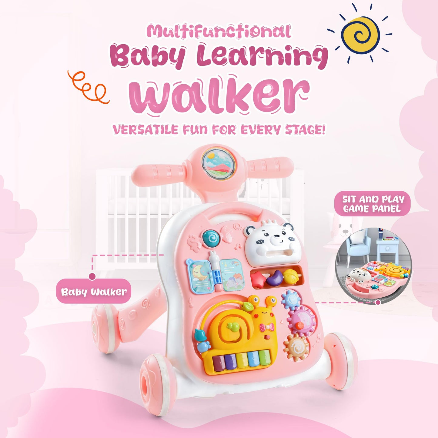 3-in-1 Baby Walker Push Toy for 6-12 Months, Sit-to-Stand Walker with Wheels, Detachable Play Panel, Stable Handle, Early Learning Activity, Pink