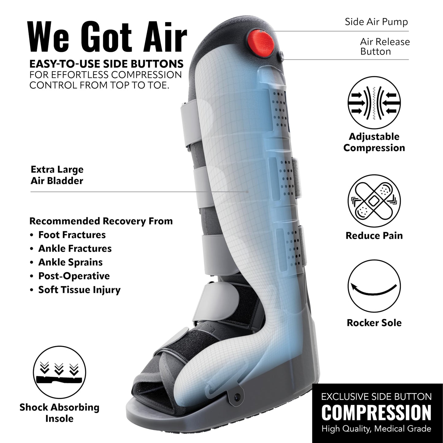 Tall Side Pump Fracture Boot - Large Medical Grade Walking Boot for Injury Recovery