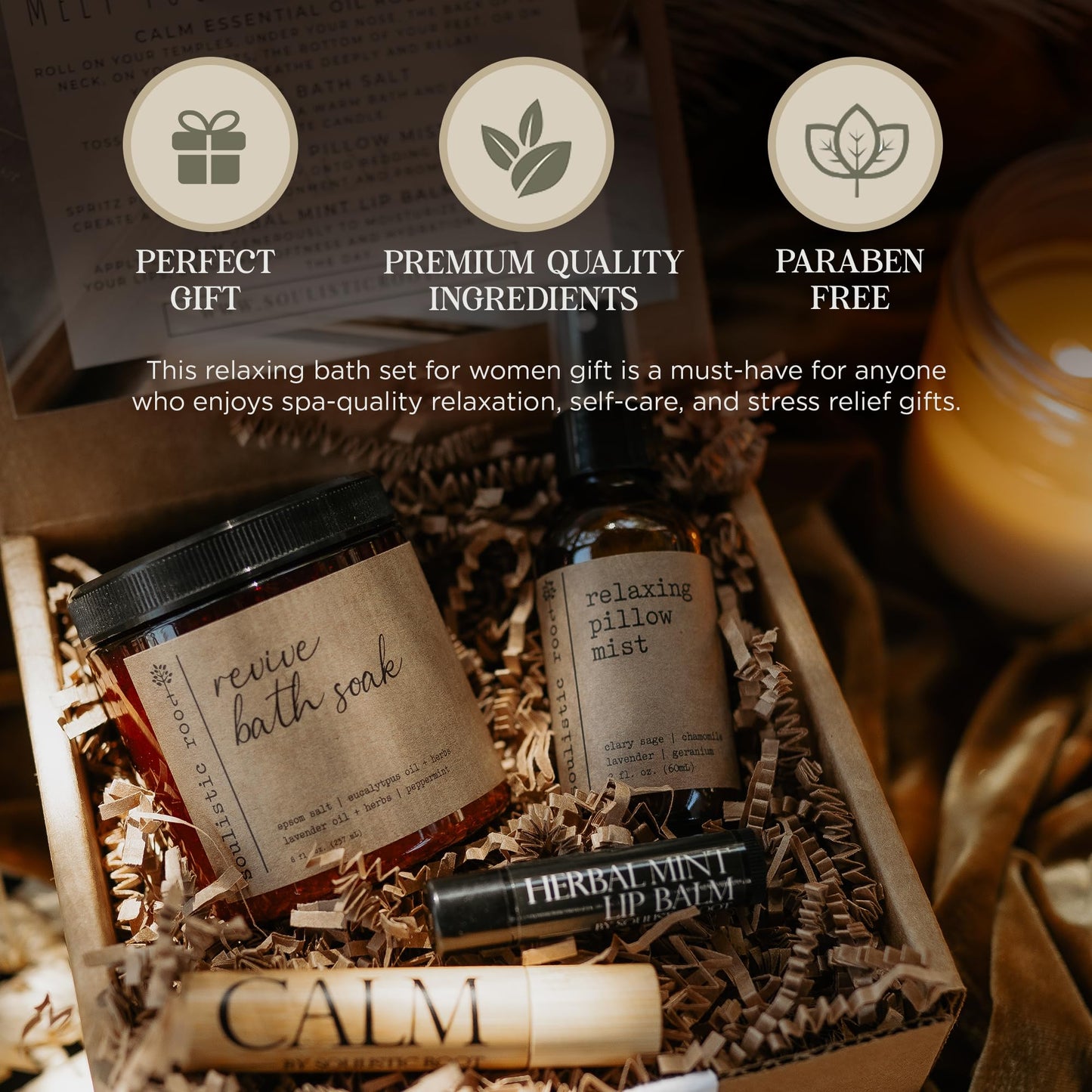 Spa Kit for Women Self Care Gift Set, Lavender Pillow Spray, Calm Essential Oil Roller 0.34 fl oz (10 ml), Mint Lip Balm & Epsom Salt Bath Soak