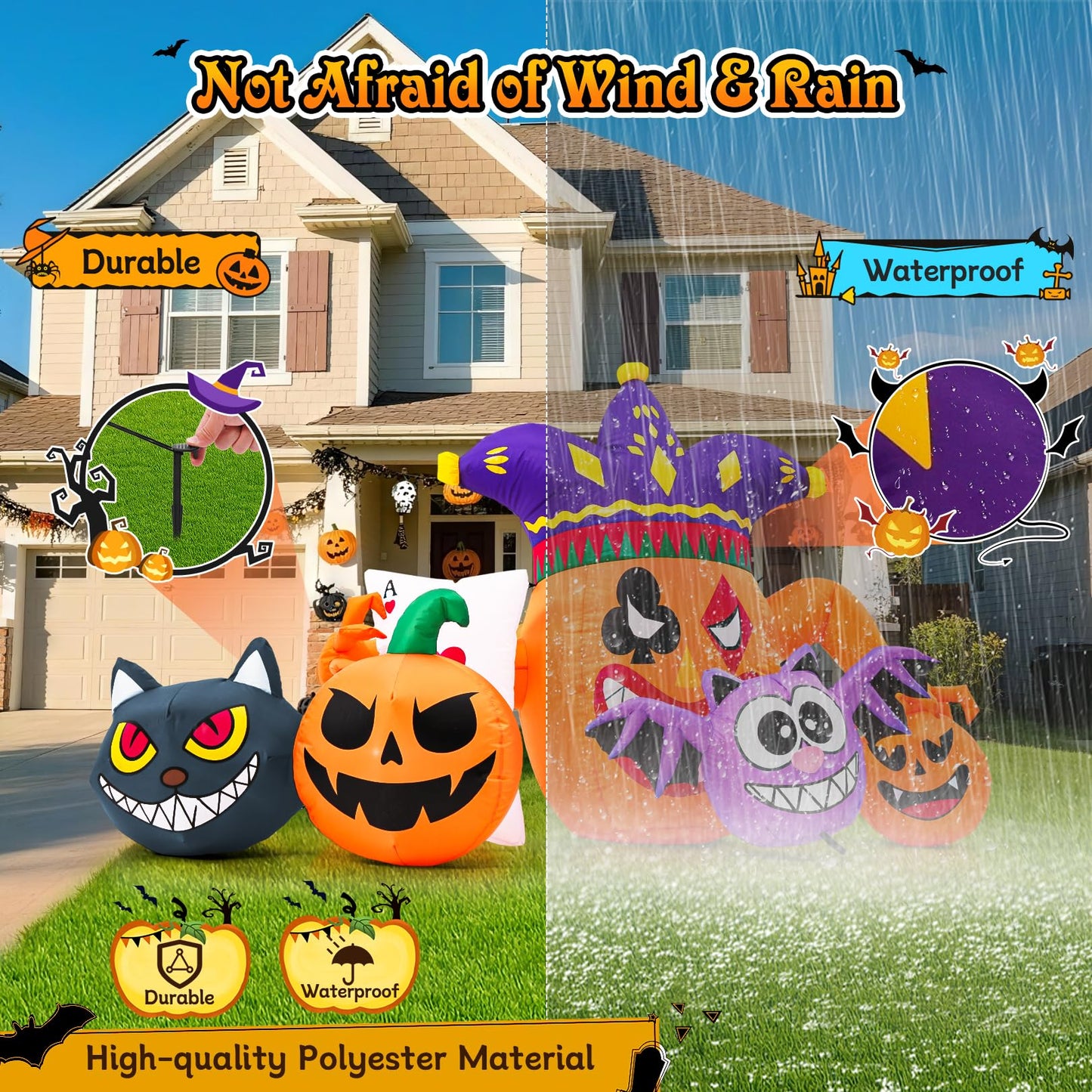 Halloween Inflatable Joker Pumpkin Owl and Black Cat with LEDs - 5.3 FT