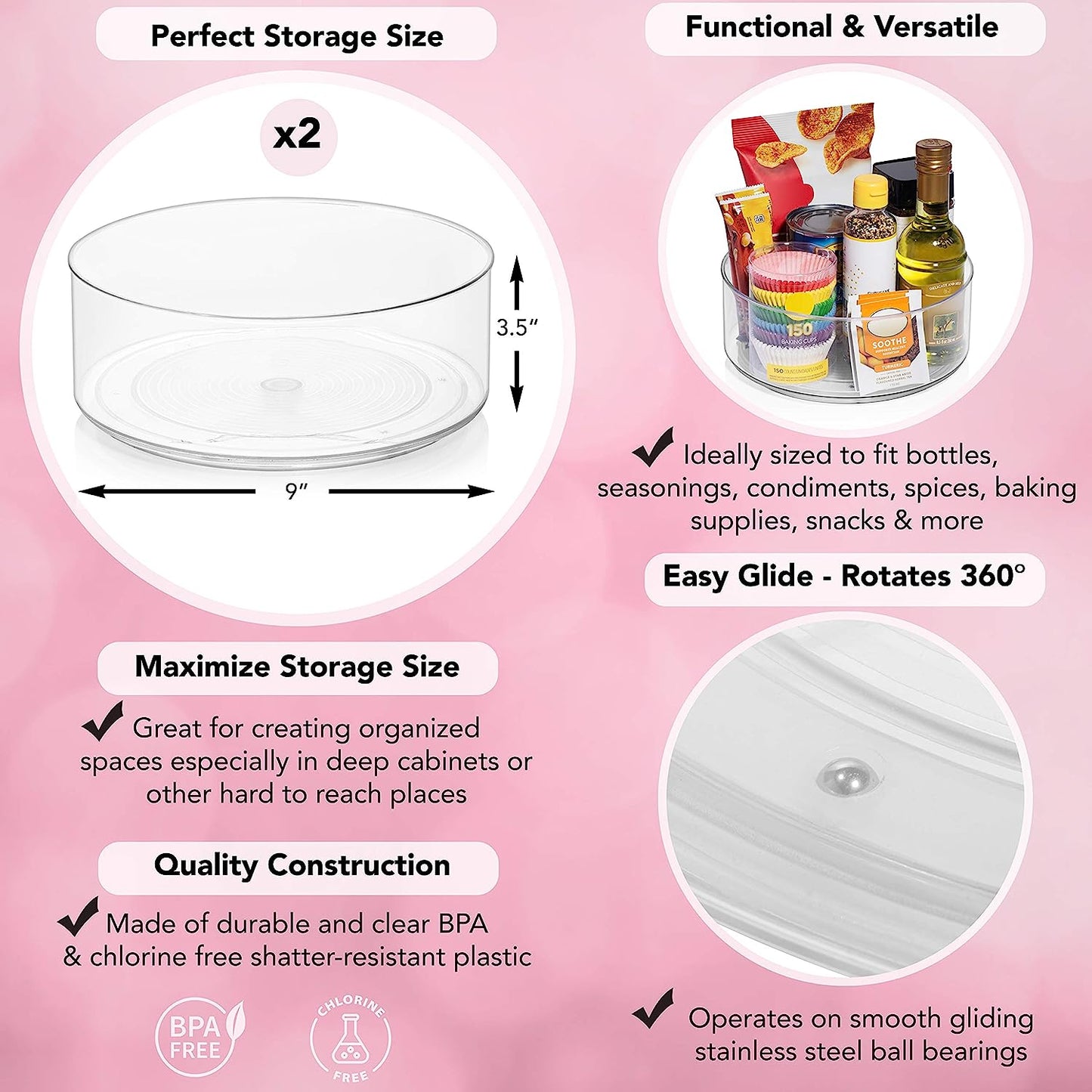 2pk 9" x 3.5" Clear Plastic Lazy Susan/Spice Rack/Cabinet Organizers
