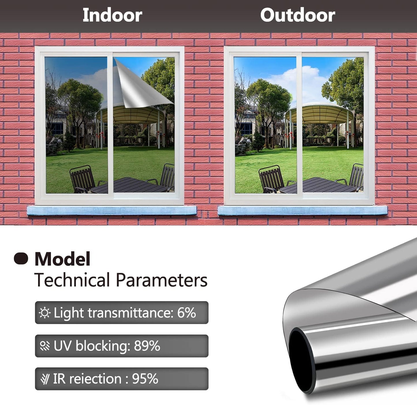 Silver Sun Blocking Privacy Window Film One Way Daytime Mirror Tint