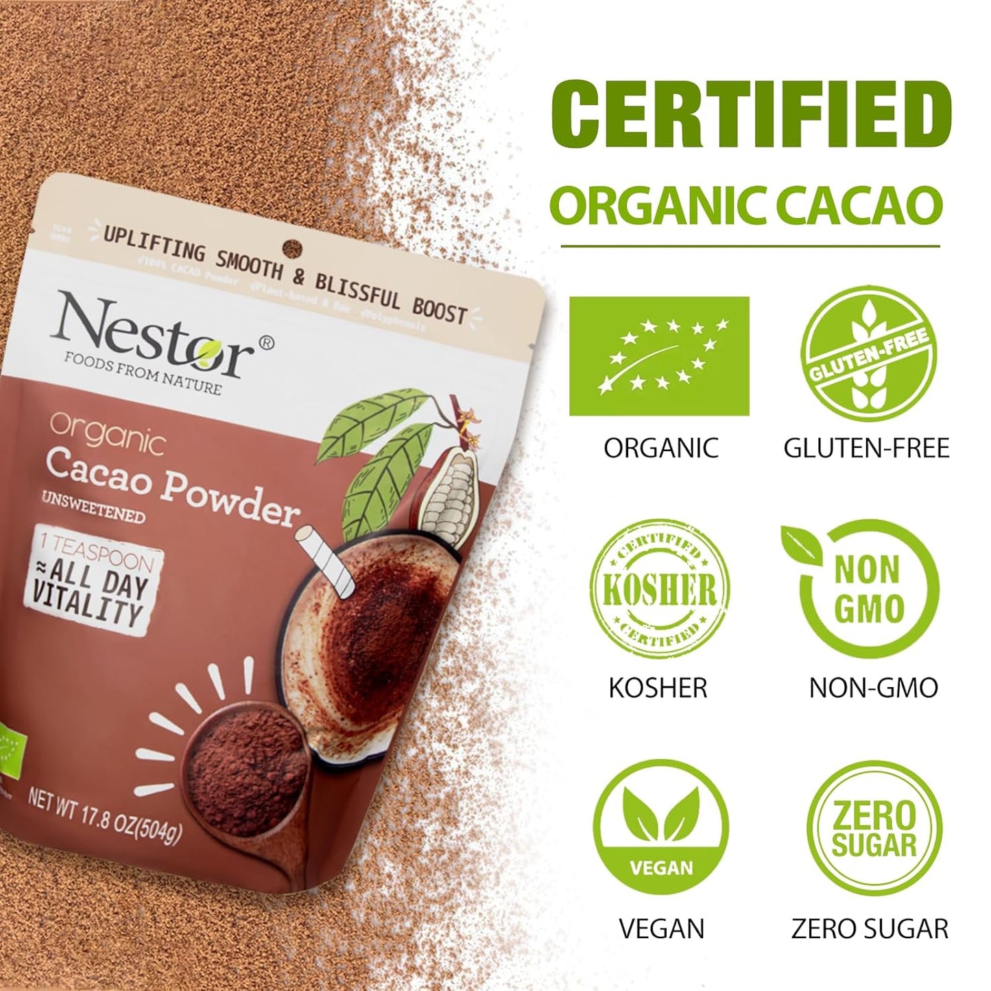 Premium Organic Cacao Powder 17.8oz: Nestor's 100% Pure, Non-alkalized, Plant-Based Superfood - Rich in Antioxidants, Gluten-Free, Vegan, No Preservatives