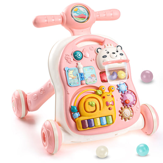3-in-1 Baby Walker Push Toy for 6-12 Months, Sit-to-Stand Walker with Wheels, Detachable Play Panel, Stable Handle, Early Learning Activity, Pink